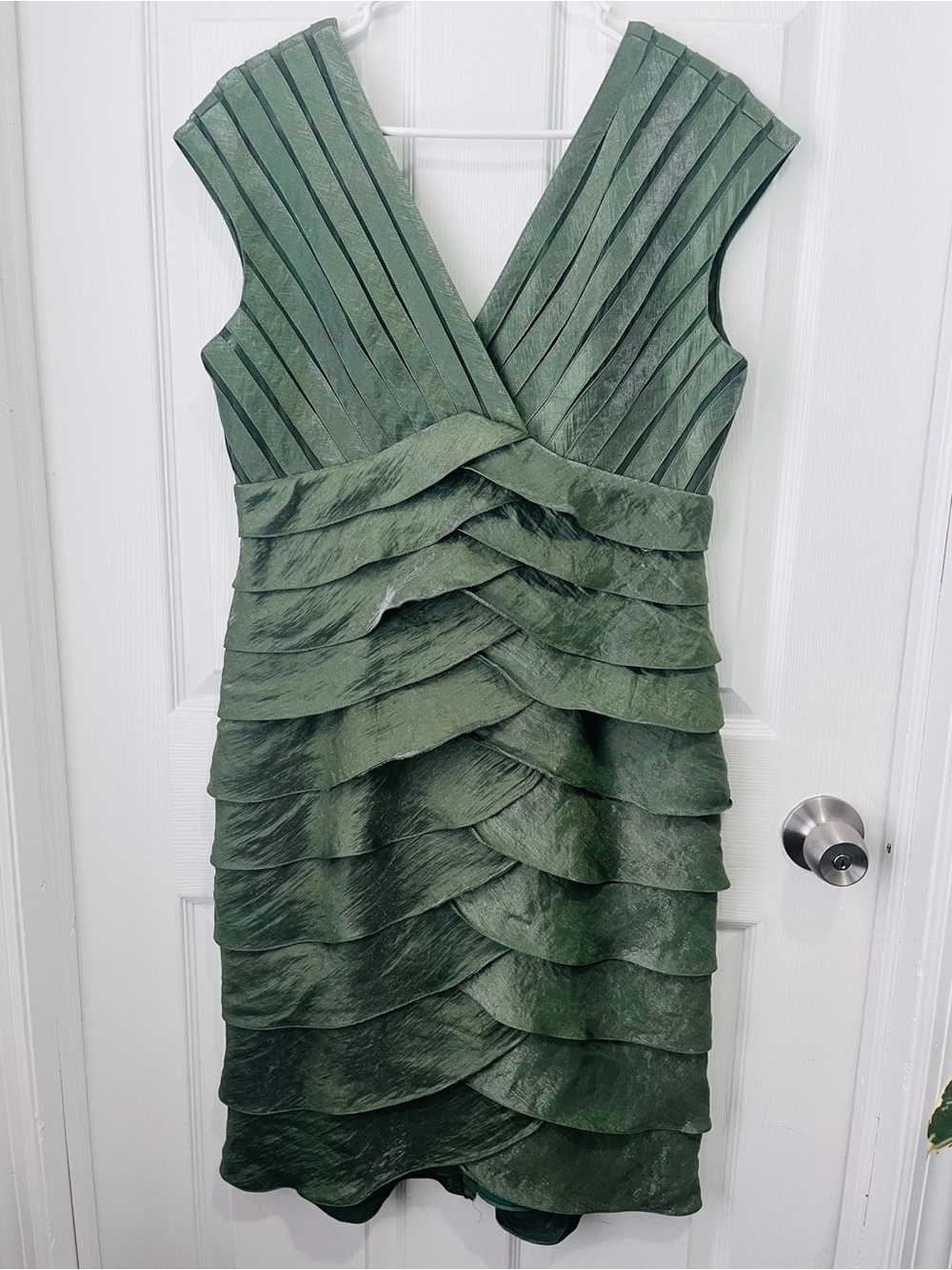 Adrianna Papell Olive Green Pleated V-Neck Layered Midi Dress